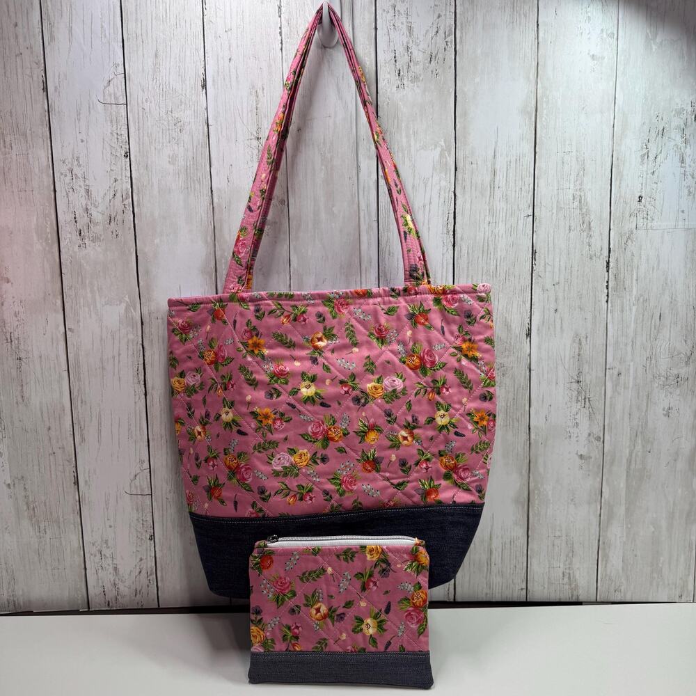 Quilted Pink Floral Garden Tote Bag Denim Accent, Matching Zipper Pouch Included